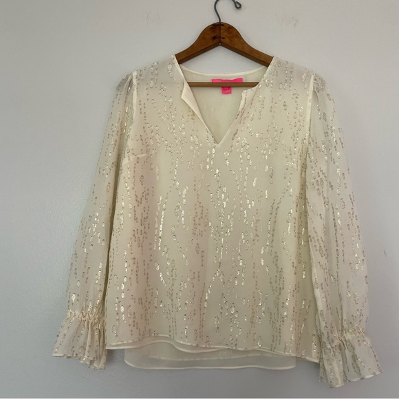 Lilly Pulitzer Cream & Gold Ellarey Coconut Fish Clip Silk Blouse - Picture 2 of 4